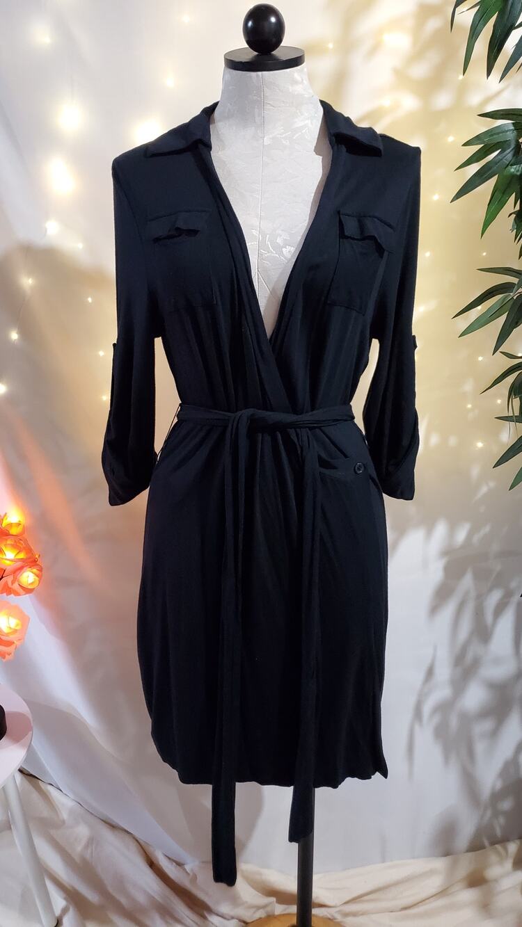 Soft Surroundings Black 3/4 Sleeve Tie Waist Pocket Wrap Dress Womens Size M